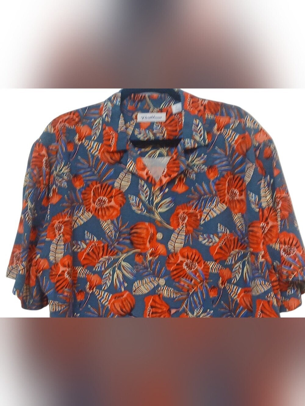 Caribbean -Men's Navy Blue Tropical Floral,Short-Sleeve Button-DownShirt, Pocket - Picture 5 of 8
